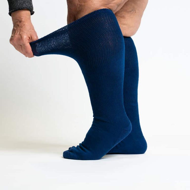 Viasox Navy Blue EasyStretch™ Socks Side View With Stretch