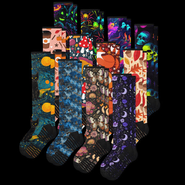 12-Pack Compression Socks Spooky Fall Edition with Halloween and Autumn Themed Patterns - Viasox