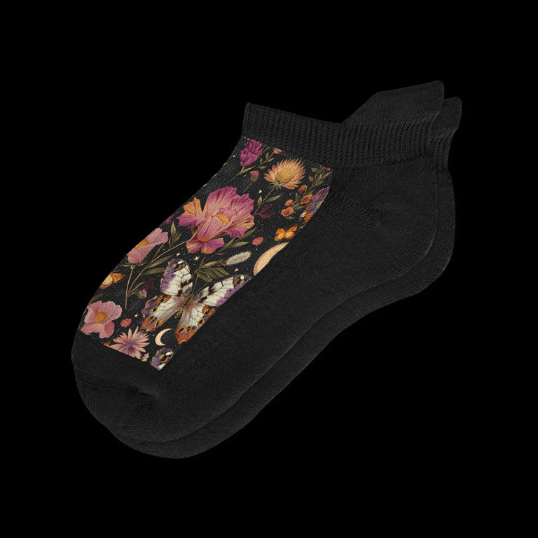 Night Garden Flowers and Butterflies Black Ankle Socks From Viasox - Flat View