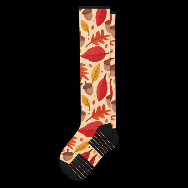 Fall Feels Acorn and Autumn Leaves Black Compression Socks From Viasox - Flat View