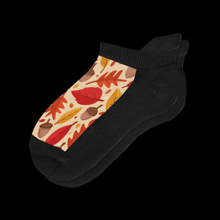 Fall Feels Acorn and Autumn Leaves Black Ankle Socks From Viasox - Flat View