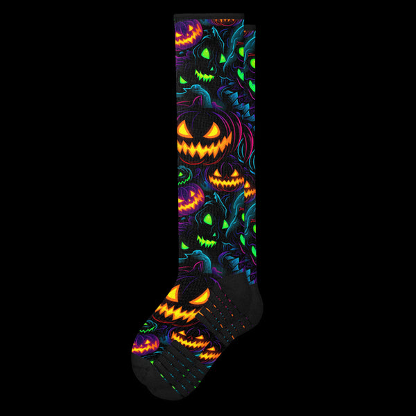 Spooky Electric Pumpkins Black Compression Socks From Viasox - Flat View