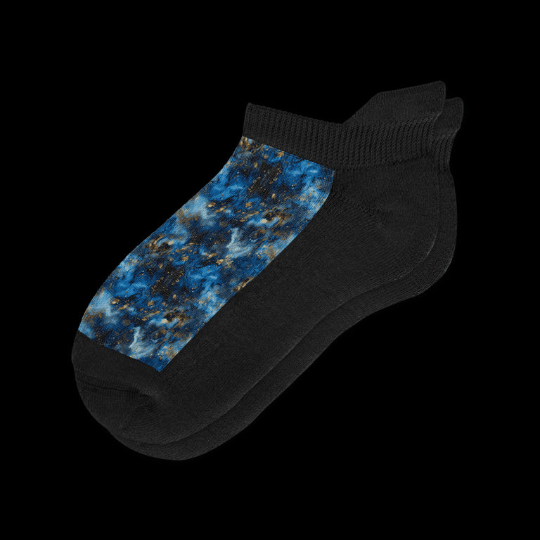 Galaxy Dust Blue and Black Pattern Black Ankle Socks From Viasox - Flat View