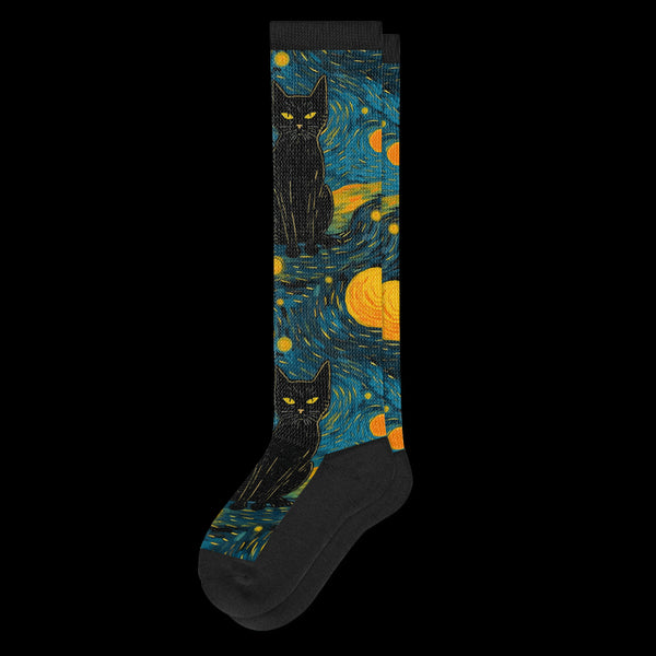 Black Cat and Starry Night Black EasyStretch™ Diabetic Socks From Viasox - Flat View